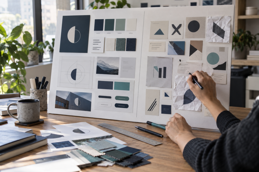 The designer reviews consistent website branding guidelines