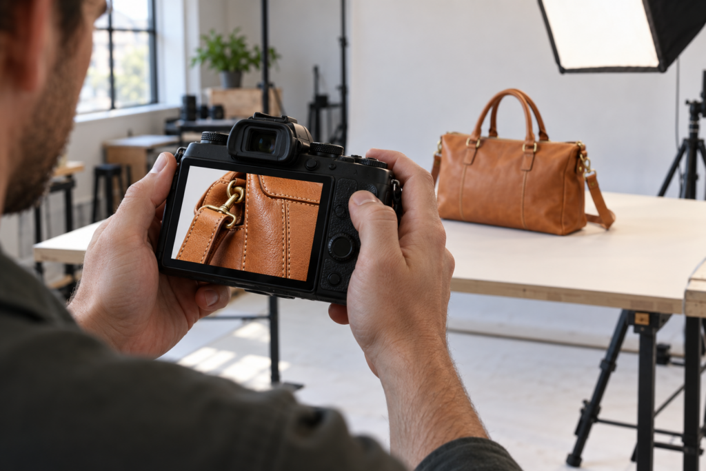 Photographer reviewing product detail for website image quality.