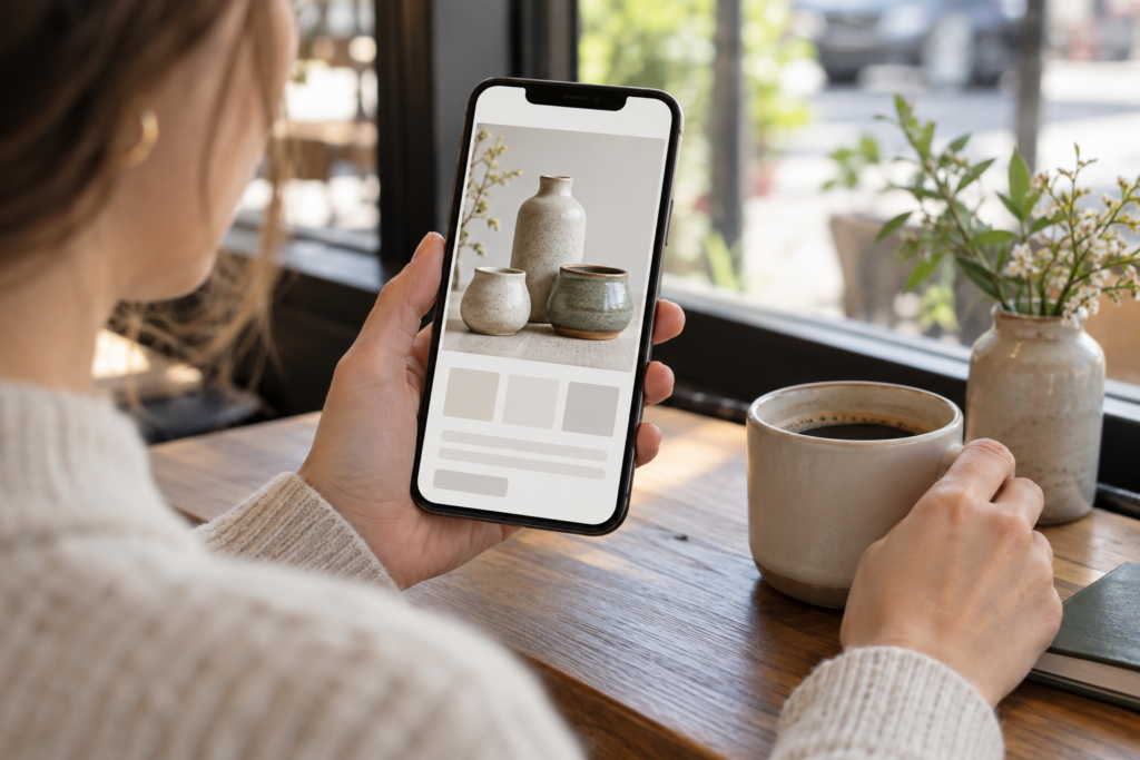 Business owner checking responsive website images on smartphone.